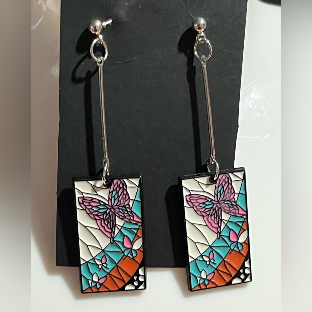 Boho Stained Glass Look Butterfly Drop Earrings – 3” Colorful Art Deco Style